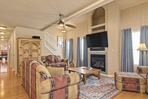 Smart TV, fireplace, video games, DVD player