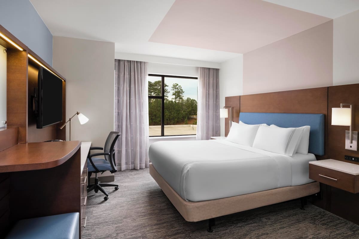A hotel room with a bed, desk, chair, TV, and large window.