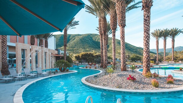 A swimming pool with palm trees and a mountain in the background. - Sycuan Casino Resort (El Cajon)