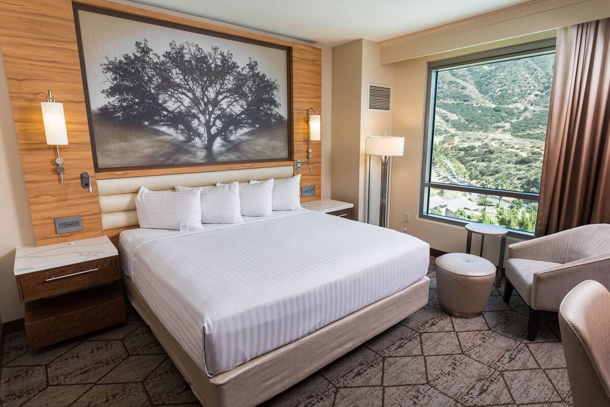 A hotel room with a large bed, a desk, a chair, a lamp, and a window with a view of a mountainous landscape.