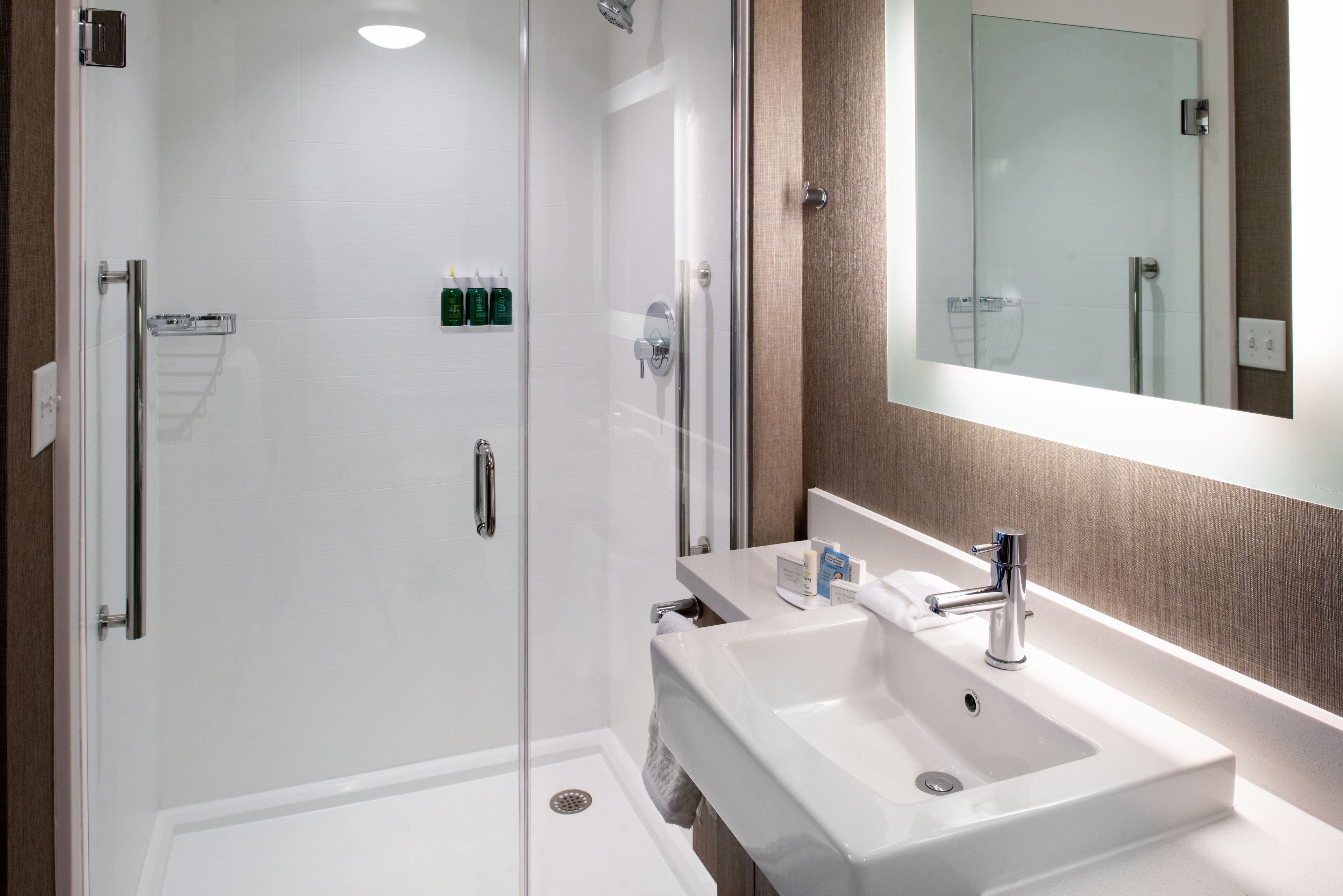 Un baño moderno con ducha envuelta en vidrio, un lavamanos blanco y un espejo sobre él.