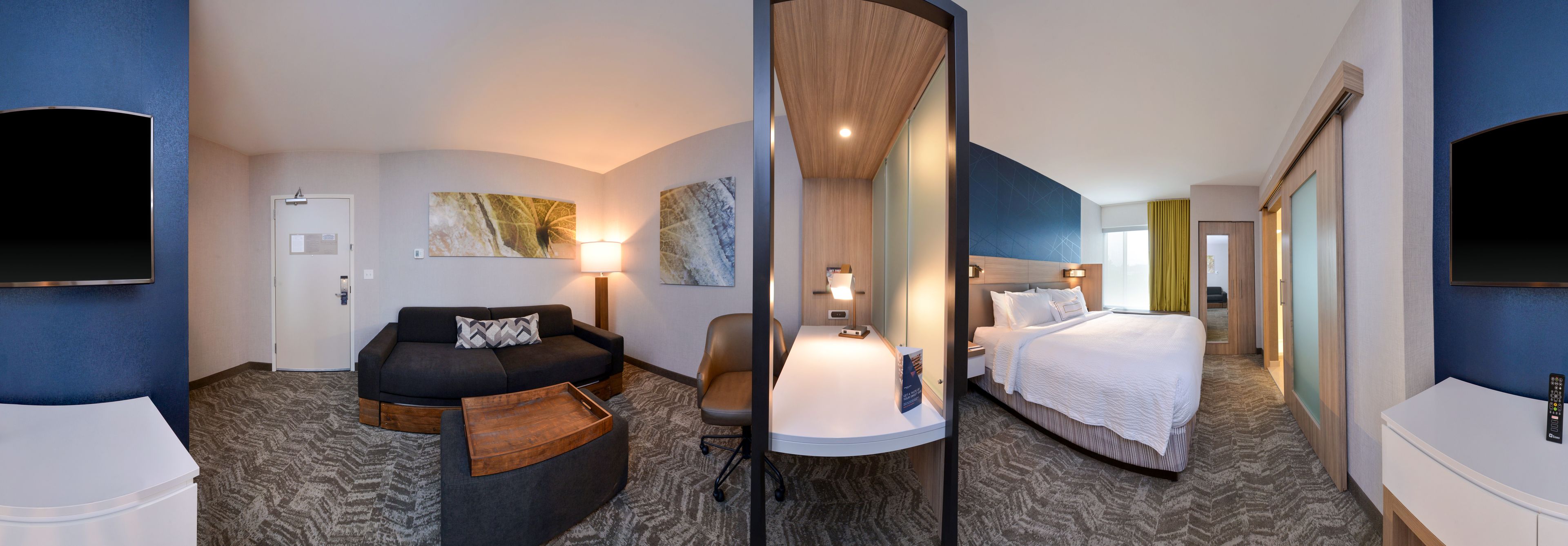 Une chambre d’hôtel avec un canapé, un bureau, un lit et une télévision.