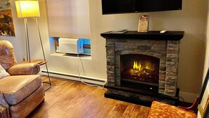 Smart TV, fireplace, books, video library