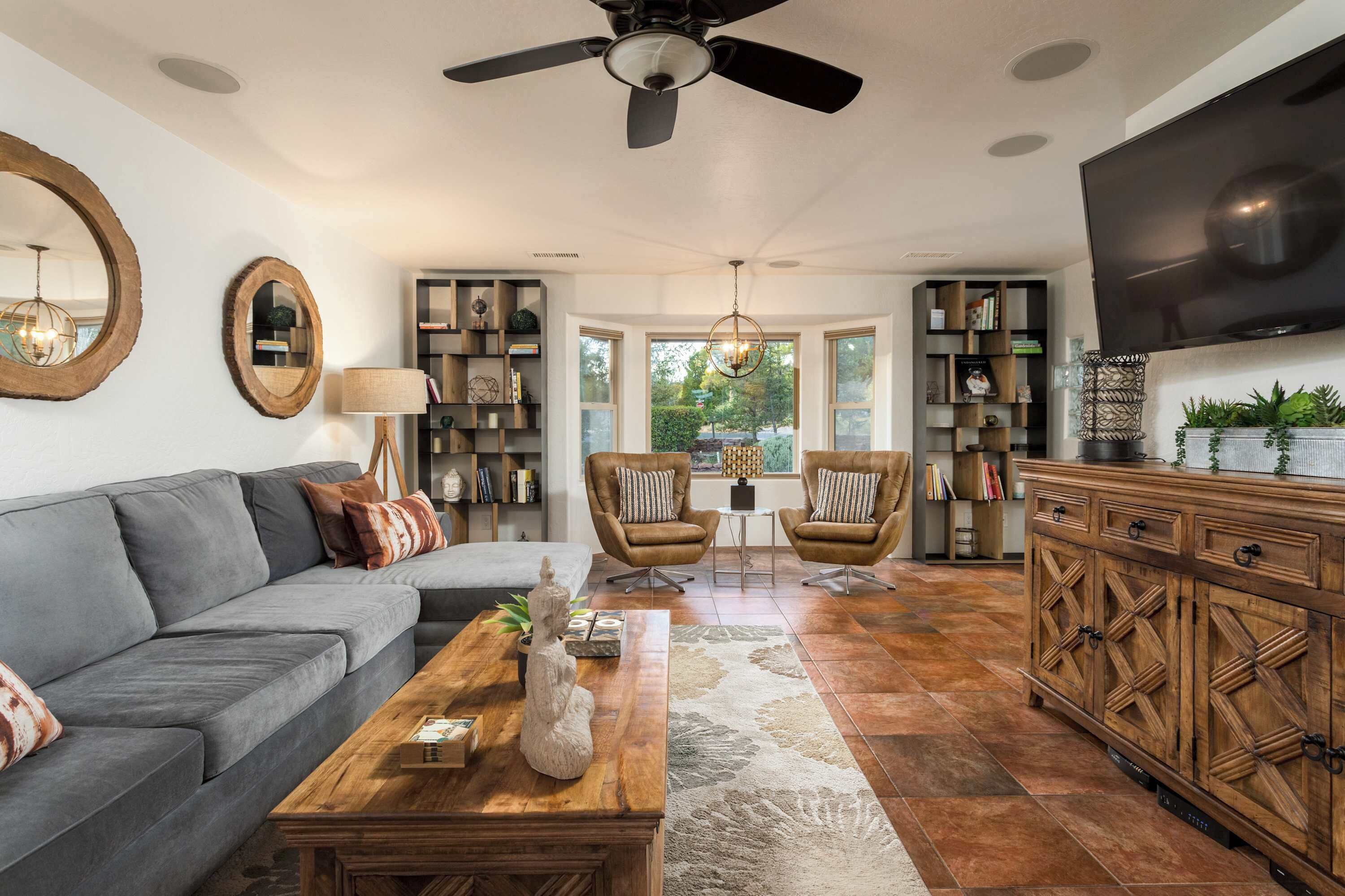 TV, fireplace, video games, books