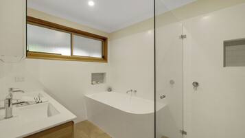 Shower, hair dryer, soap, toilet paper