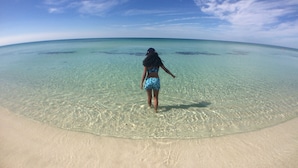 A person standing in shallow water at the beach.