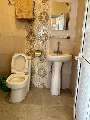 A bathroom with a toilet, sink, and mirror.