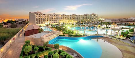 13 outdoor pools, pool umbrellas, pool loungers