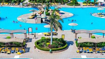 13 outdoor pools, pool umbrellas, pool loungers