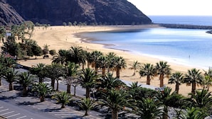Een strand met palmbomen en een parkeerplaats.