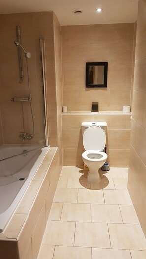 Combined shower/bathtub, hair dryer, towels, soap