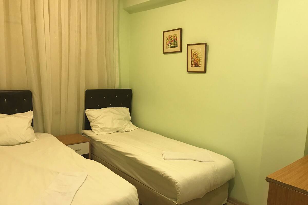 A twin bedroom with two beds, a nightstand, a wooden dresser, and two framed pictures on the wall.