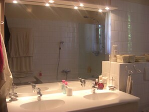 Combined shower/tub, hair dryer, towels