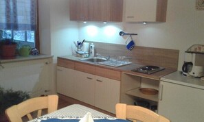 Fridge, microwave, stovetop, coffee/tea maker