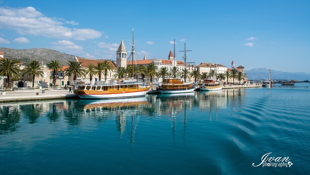 A harbor with boats docked, a building with a tower, and palm trees along the waterfront.