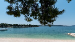 A beach with clear water, a boat, and a tree.