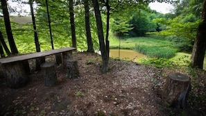A natural outdoor setting with a wooden bench and a picnic table surrounded by trees and a pond. - Apartments and Rooms Pavek (Pisarovina)