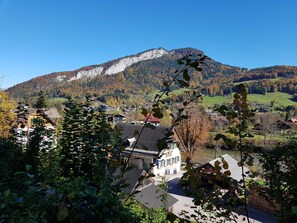 A mountain with a clear sky, a town with buildings, and autumn foliage. - Apartment Waldblick - Apartments Winkler (Bad Goisern am Hallstättersee)