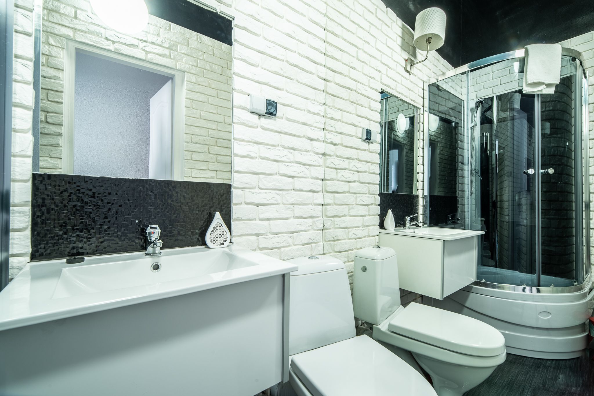 double room | bathroom | shower, rainfall showerhead, hair dryer, towels