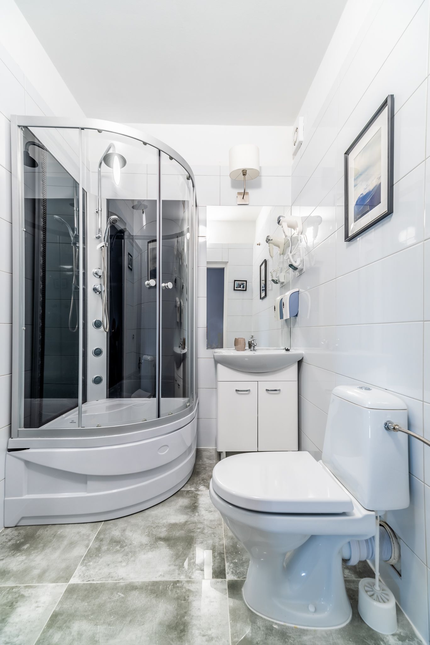 shower, rainfall showerhead, hair dryer, towels