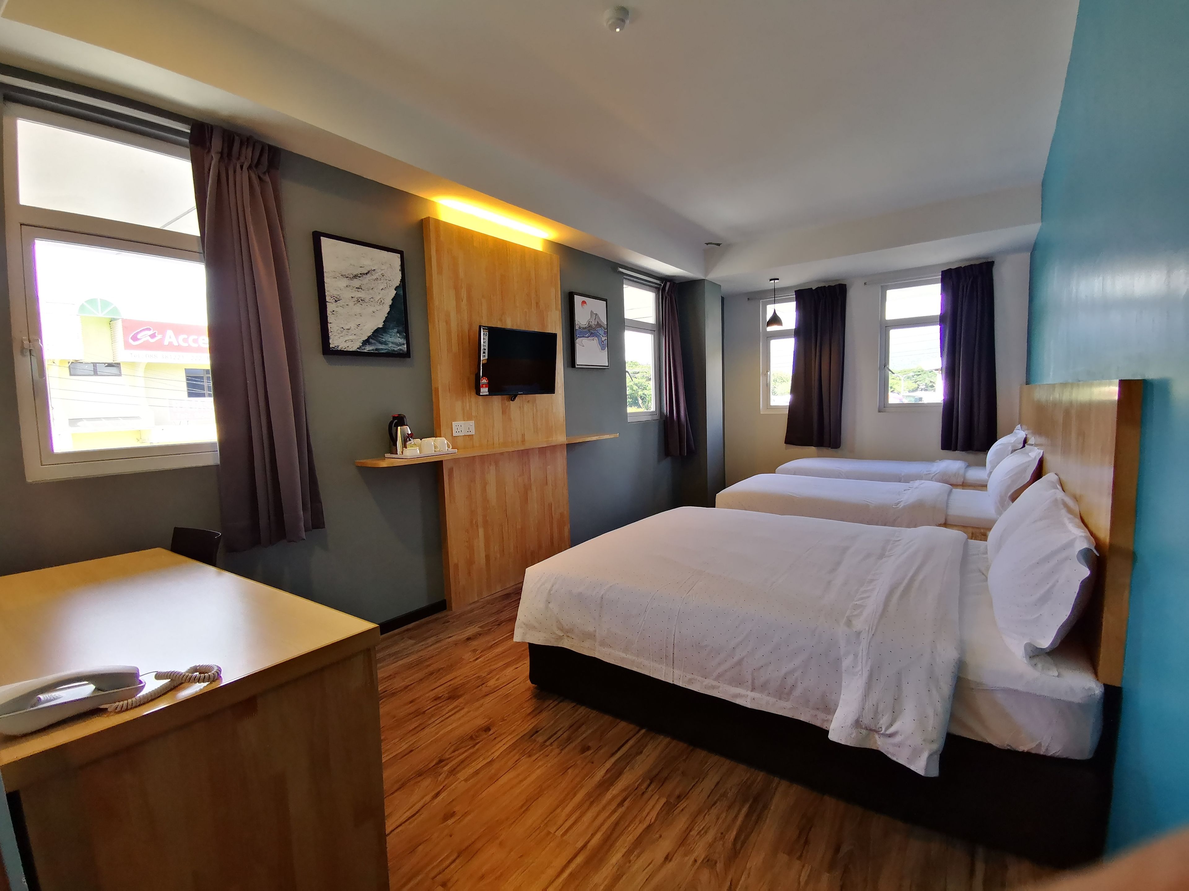 family room | desk, laptop workspace, blackout curtains, soundproofing