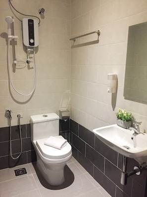 Shower, free toiletries, hair dryer, towels