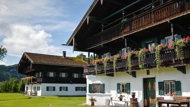 Ein traditionelles Chalet mit einem Balkon, der mit Blumen geschmückt ist, einer Holzdiele und Blick auf ein saftig grünes Feld.