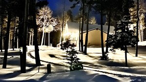Un paisaje nevado con una cabaña y árboles.