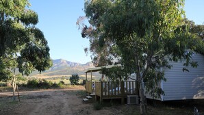 Una cabaña rústica con terraza de madera y una zona de estar cubierta, rodeada de árboles y un sendero de tierra, con montañas al fondo.