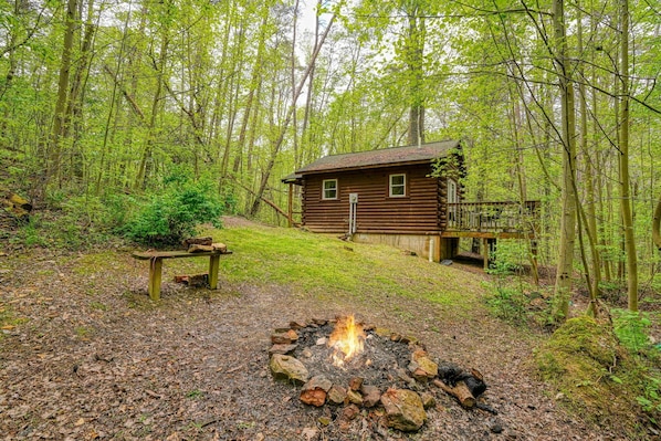 A cabin surrounded by a forest with a fire pit in the foreground.