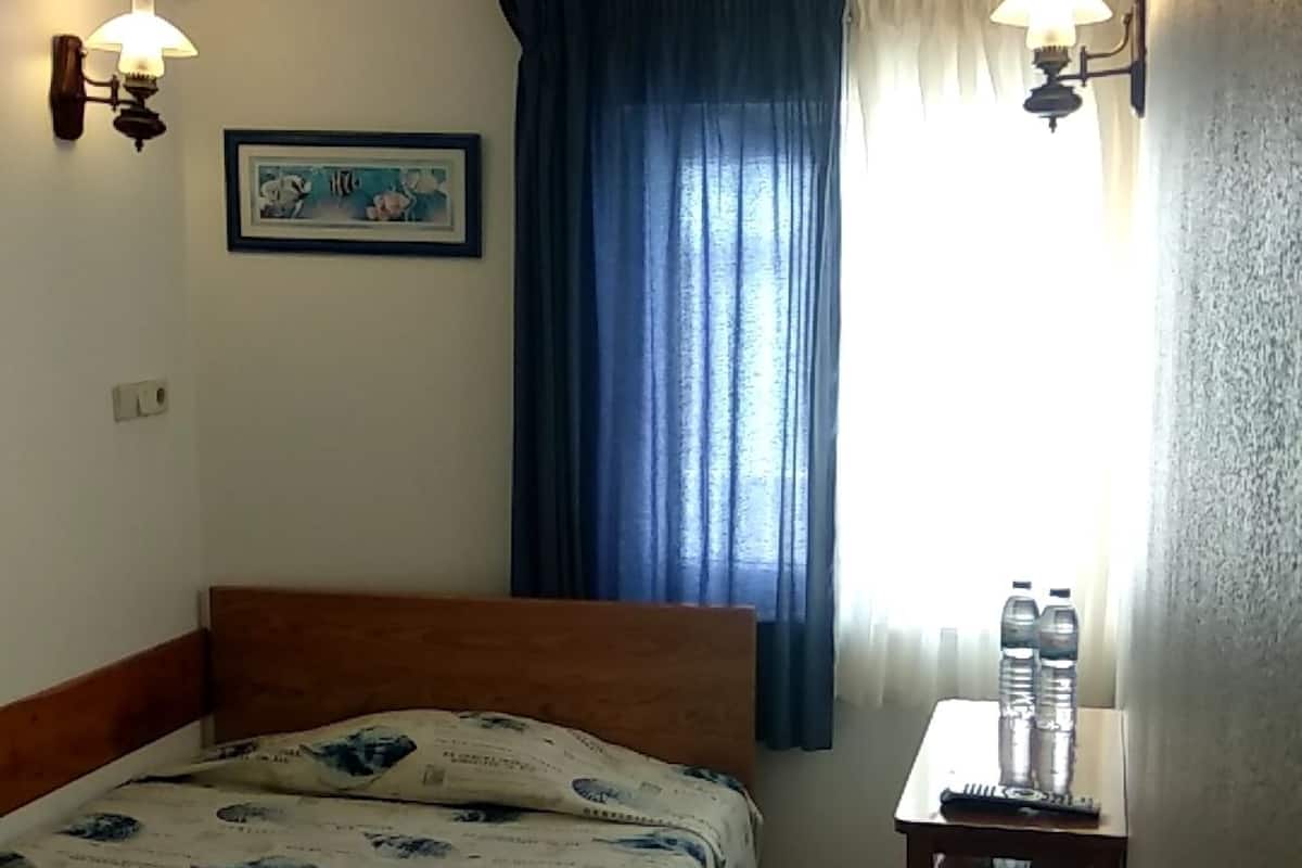 A bedroom with a wooden bed, a nightstand with a lamp, a framed picture on the wall, and a window with blue curtains.