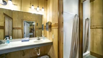 Douche, sĂšche-cheveux, serviettes fournies, papier toilette