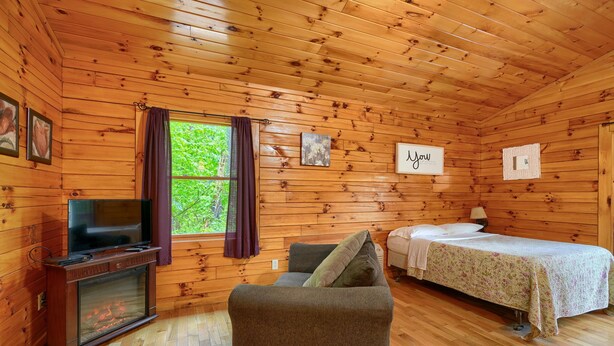 A wooden cabin room with a television, two beds, a sofa, and a window with curtains.