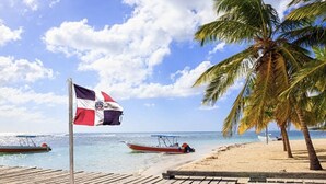 Une plage avec un drapeau, des palmiers et des bateaux.