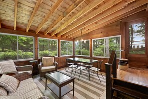 TV, fireplace, books - Lakefront house with dock, sandy beach, full kitchen, gorgeous views (Brant Lake)