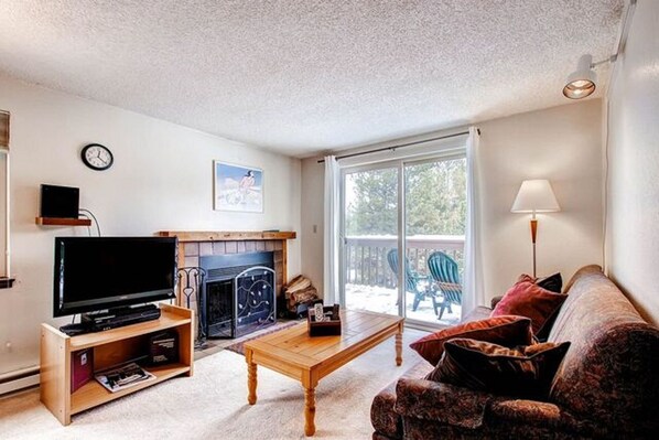 Televisión, chimenea y reproductor de DVD 