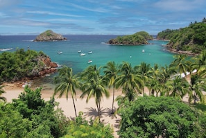 A coastal landscape with a beach, palm trees, and rocky outcrops. - Casita Jazmin Careyes- Spectacular Beachfront - Pool - Privacy - Luxury + Style (Careyes)