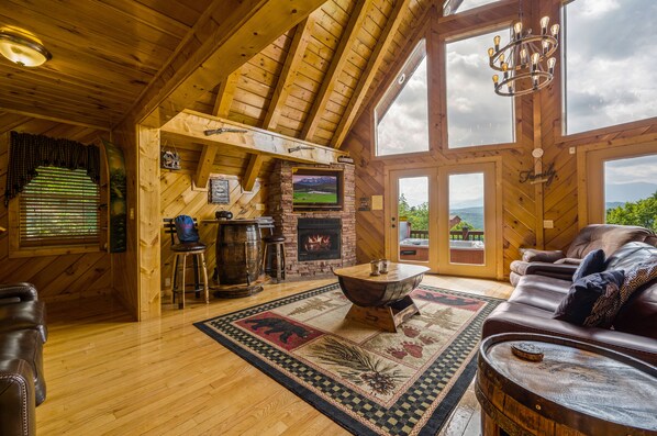 Smart TV, fireplace, video games, DVD player
