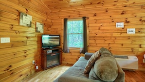 A cozy cabin interior with wooden walls, a television, a sofa, and a window with curtains.