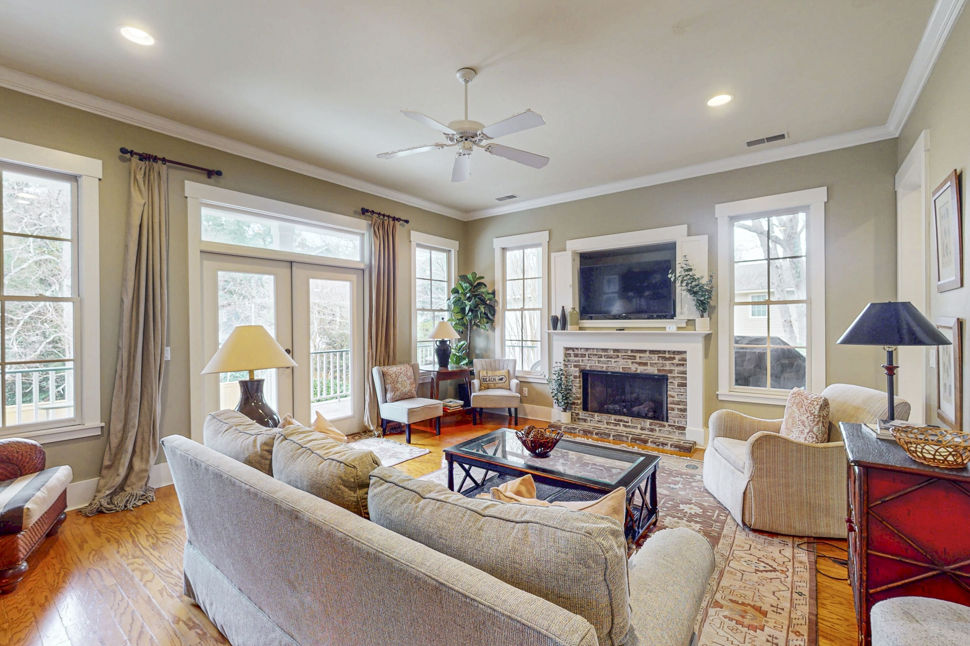 TV, fireplace, books