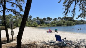 Une plage d’où l’on a une vue dégagée sur l’eau, avec quelques personnes et une maison en arrière-plan.