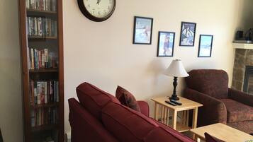 TV, fireplace, DVD player, books