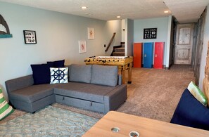 Smart TV, fireplace, video games, DVD player