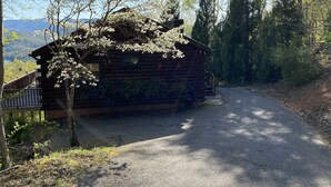 Een rustieke houten blokhut met een veranda, omringd door bomen en een grindpad.