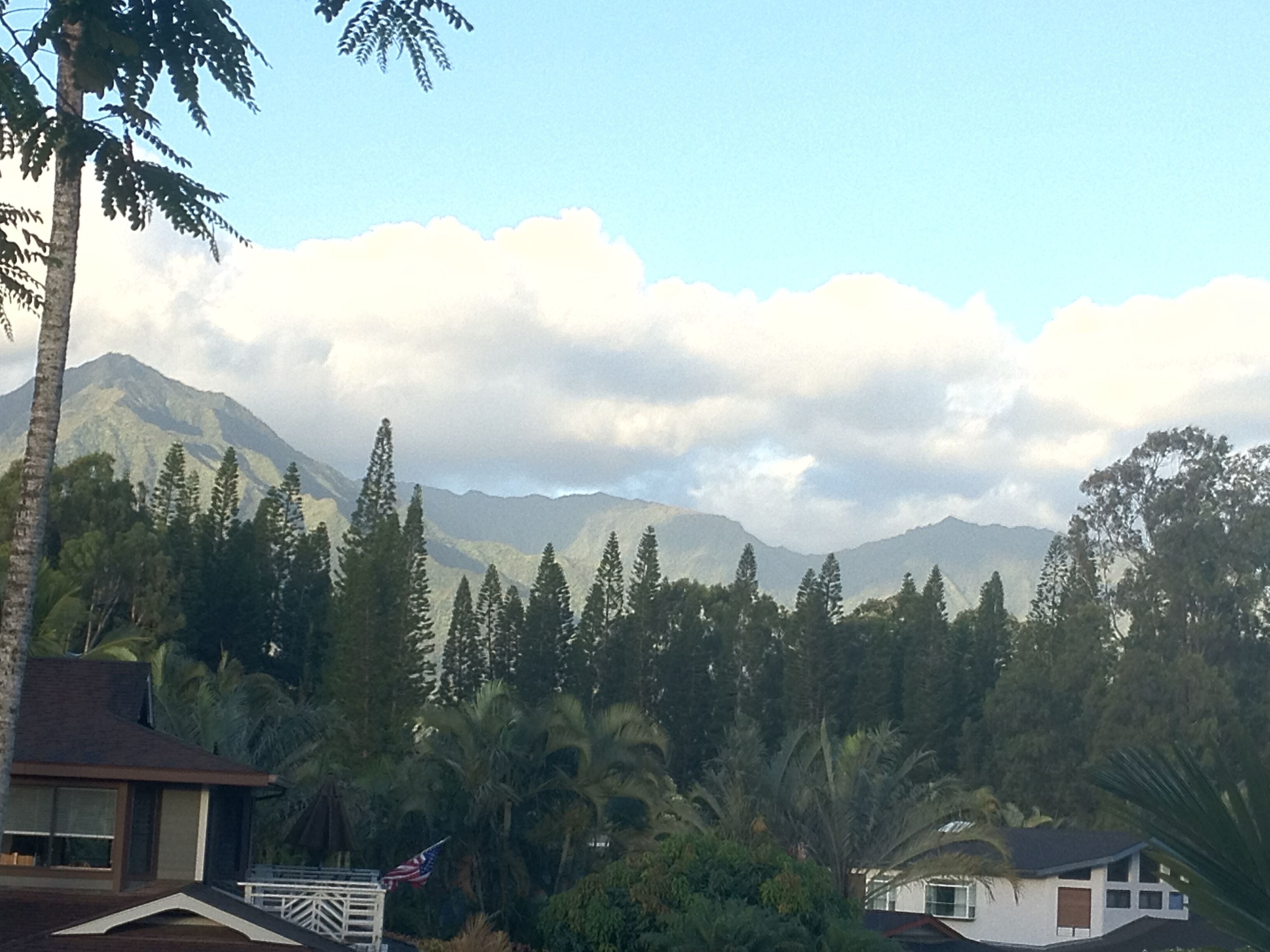 Zona residencial con una casa, una bandera y una cadena montañosa al fondo.