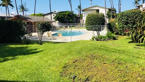 Zona residencial con piscina, palmeras y casas.