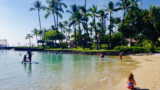 Una playa con aguas cristalinas, palmeras y gente practicando deportes acuáticos.