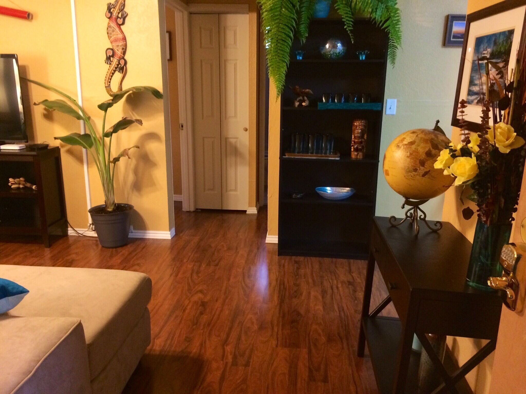 Una sala de estar con piso de madera, un sofá, un mueble para TV, una planta en maceta, un globo terráqueo sobre un soporte y una estantería con objetos decorativos.