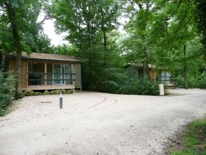 A rustic cabin with a wooden deck and large windows, surrounded by dense forest. - Les chalets de la héronnière (Chef-Boutonne)