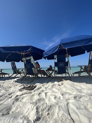 On the beach, sun loungers
